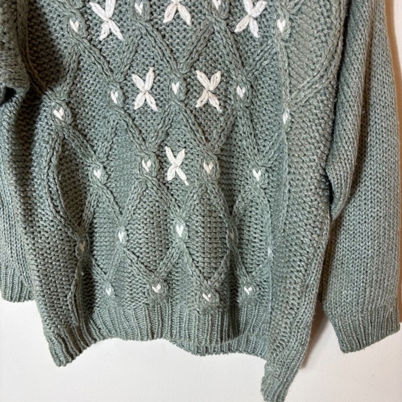 Vintage Huntington Ridge Hand Knit Ramie Sweater Sage Green Floral Embroidered M - Picture 3 of 7